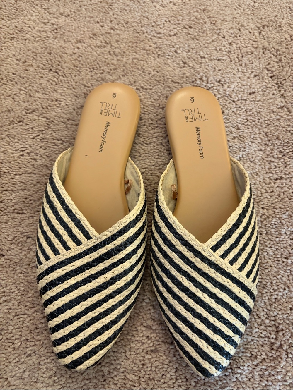 Time and Tru Black and Cream Striped Pointed Slide Mules